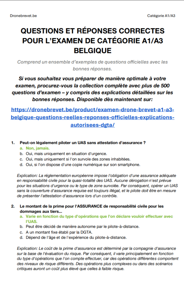 Examen Drone Brevet A1/A3 Belgique – Questions Réelles, Réponses Officielles & Explications Autorisées (DGTA) - Image 2
