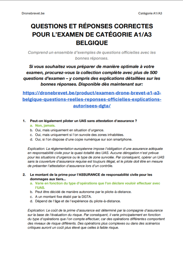 Examen Drone Brevet A1/A3 Belgique – Questions Réelles, Réponses Officielles & Explications Autorisées (DGTA) - Image 2