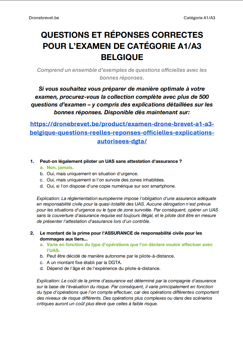 Examen Drone Brevet A1/A3 Belgique – Questions Réelles, Réponses Officielles & Explications Autorisées (DGTA) - Image 2