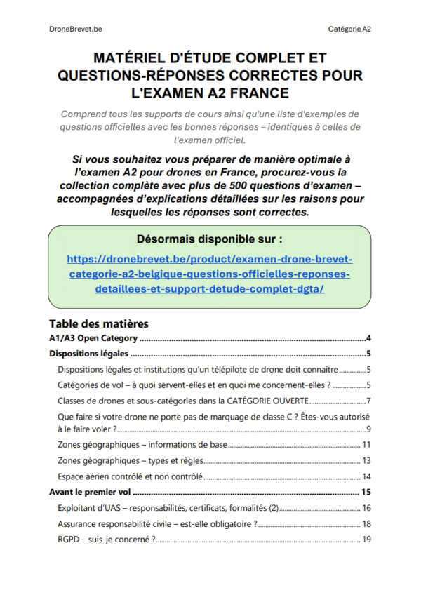 Examen Drone Brevet Catégorie A2 Belgique – Questions Officielles, Réponses Détaillées et Support d’Étude Complet (DGTA) - Image 2