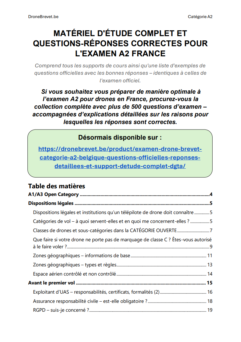 Examen Drone Brevet Catégorie A2 Belgique – Questions Officielles, Réponses Détaillées et Support d’Étude Complet (DGTA) - Image 2